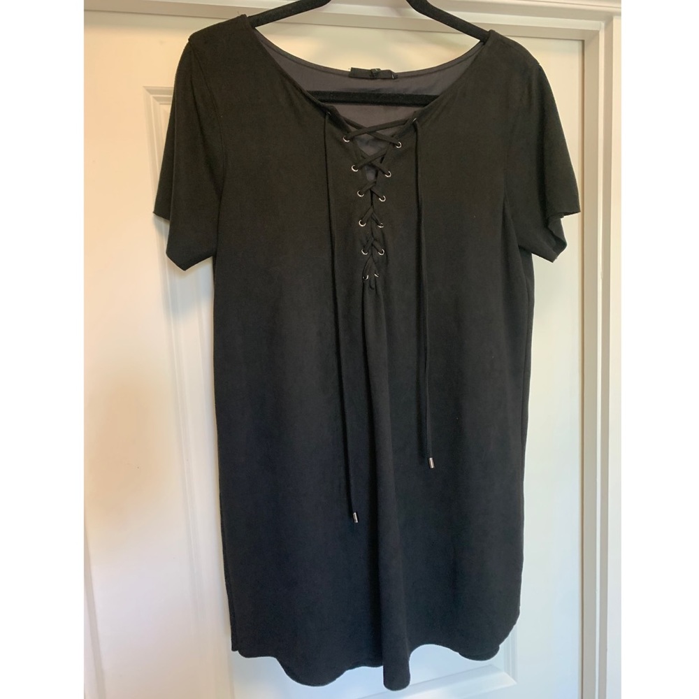 Black faux suede lace up dress